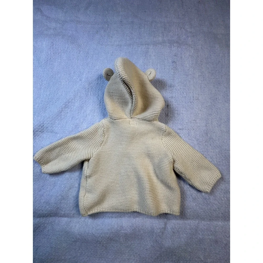 Baby Gap Bear Ear Hooded Garter Knit Cardigan Sweater Cream 0-3 Months